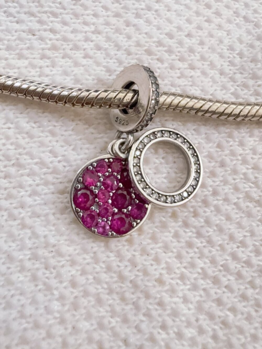 Sparkling Red Disc Double Dangle Silver Charm For Pandora Bracelet Necklace